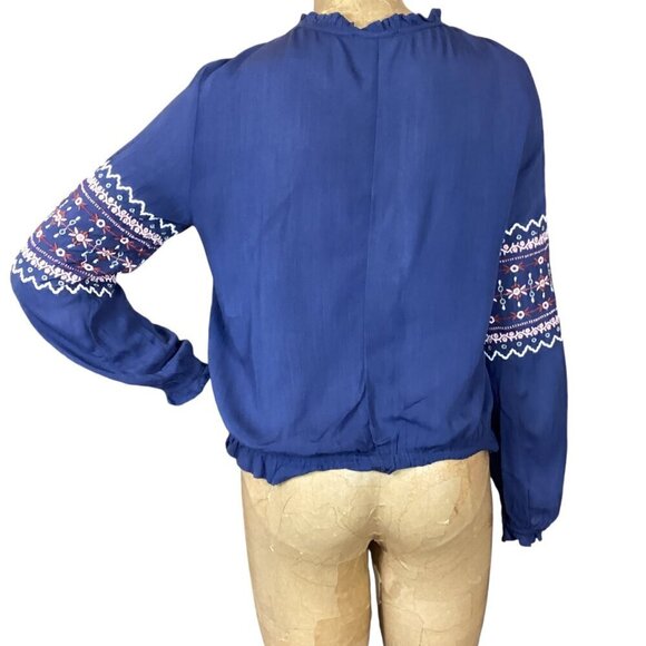 AE/American Eagle BOHO Embroidered Tie Neck Top Long Sleeve S Navy Blue #311J - Picture 6 of 12